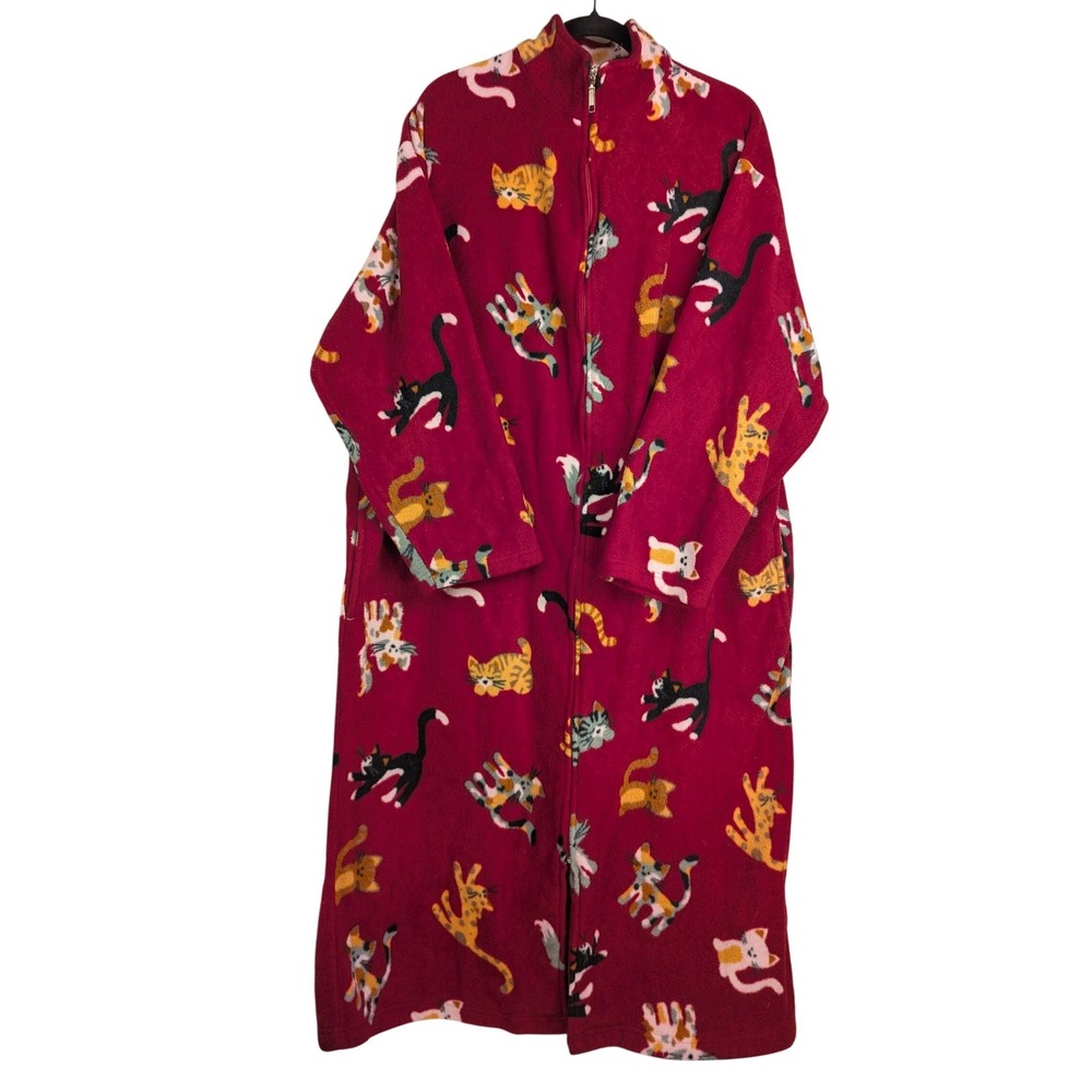 XL Adonna Women Heavy Fleece Crazy Cat Lady Print Zip Front Robe Pockets Lounger